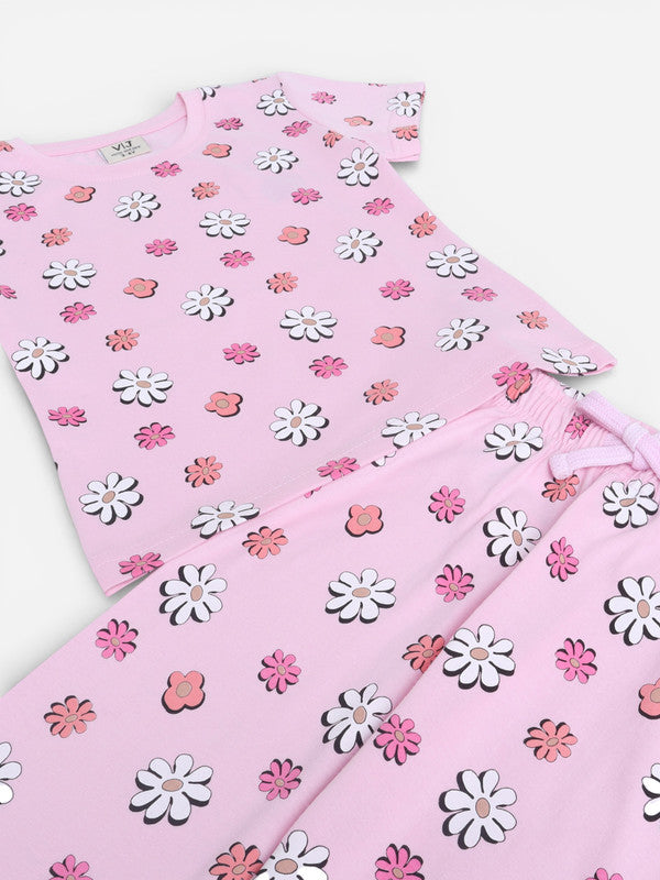 Girls Floral Print Cotton Pajama Set “ T-Shirt & Full Pants Nightwear