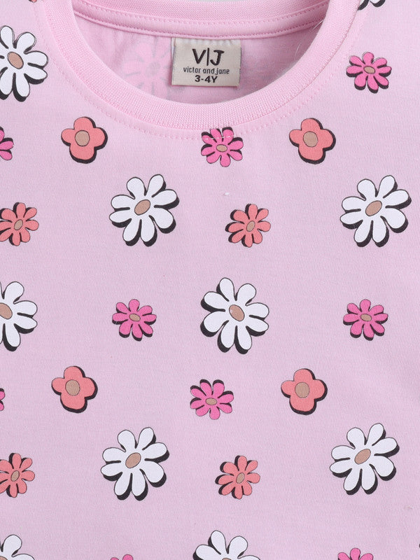Girls Floral Print Cotton Pajama Set “ T-Shirt & Full Pants Nightwear