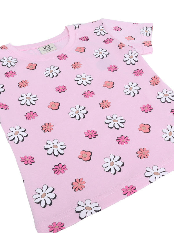Girls Floral Print Cotton Pajama Set “ T-Shirt & Full Pants Nightwear