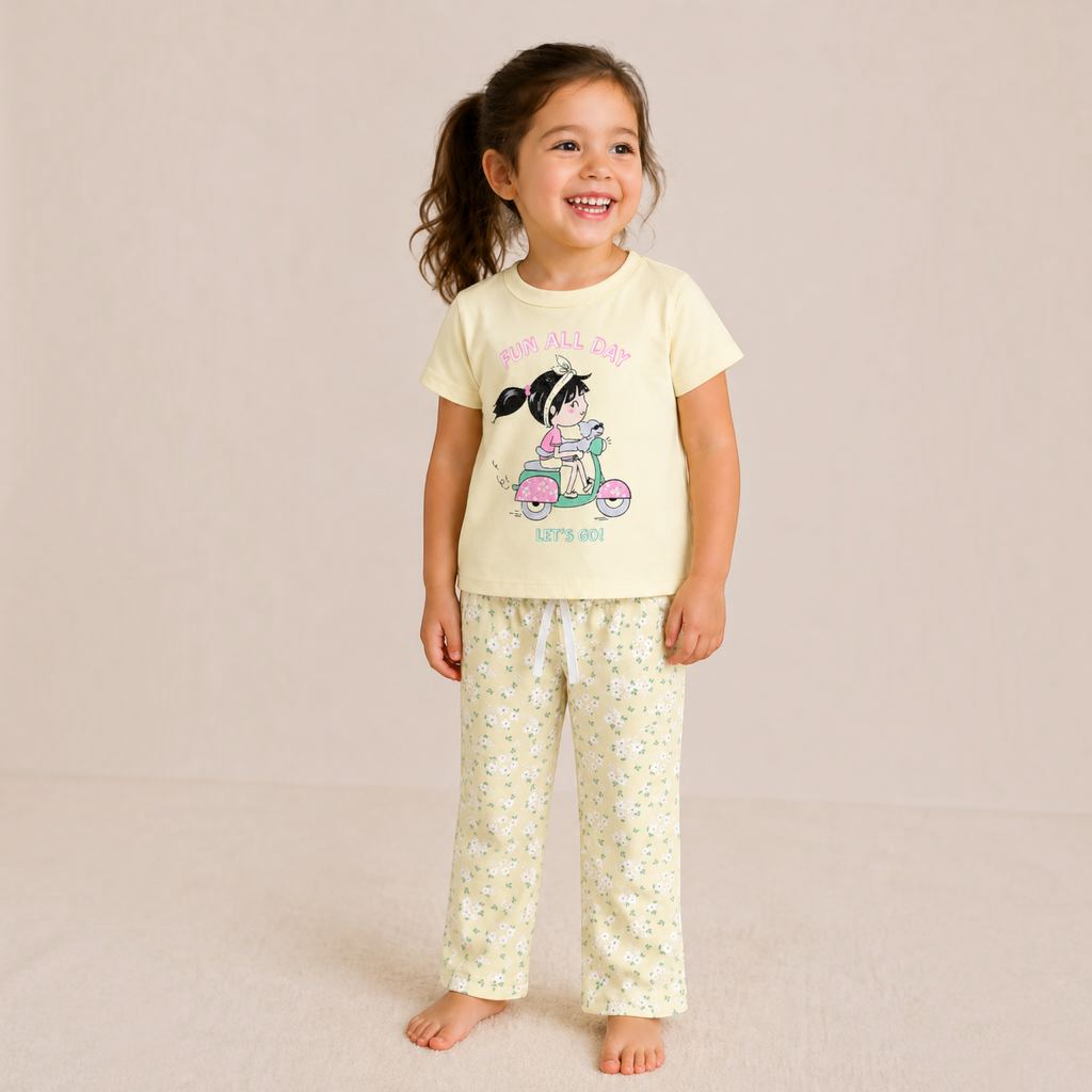 victor and jane girls pajama set featuring a yellow t-shirt with a scooter graphic and floral print lounge pants