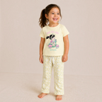 victor and jane girls pajama set featuring a yellow t-shirt with a scooter graphic and floral print lounge pants