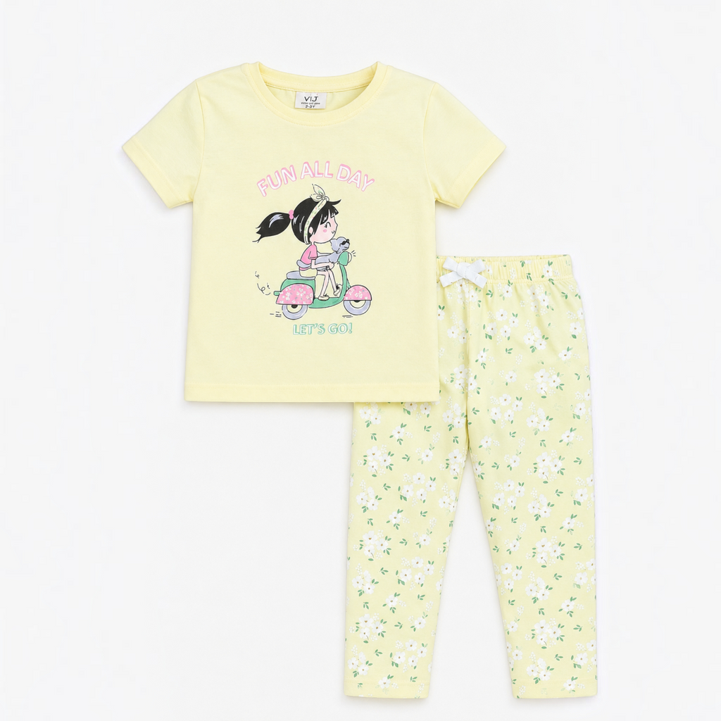 victor and jane girls yellow cotton t-shirt and floral print leggings set with cartoon scooter graphic