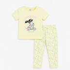 victor and jane girls yellow cotton t-shirt and floral print leggings set with cartoon scooter graphic