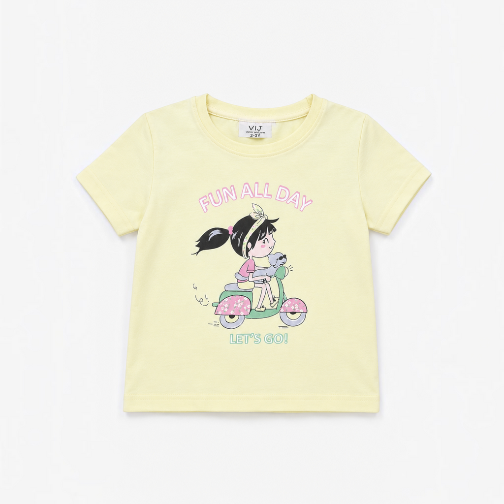 victor and jane girls yellow cotton t-shirt featuring a cute cartoon girl riding a scooter with a puppy