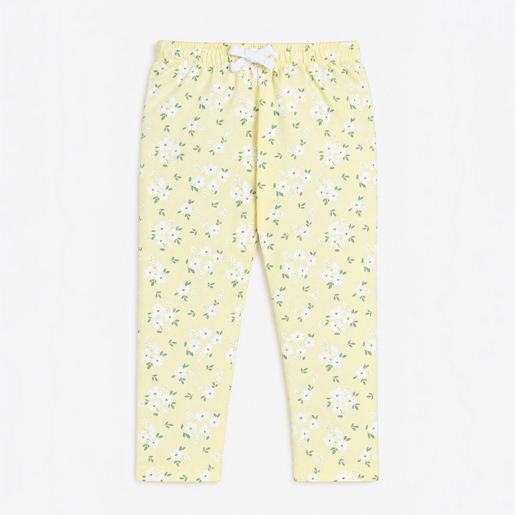 victor and jane girls yellow floral print leggings with a white drawstring waist