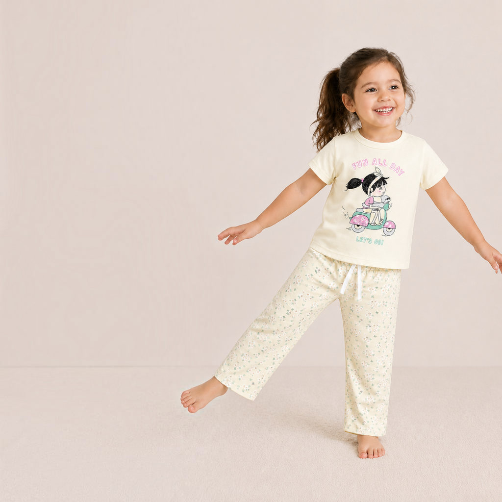 A young girl wearing a victor and jane cream cartoon t-shirt and floral pajama pants, smiling and posing.