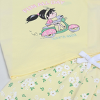victor and jane girls yellow t-shirt set featuring a cartoon girl on a scooter and white floral print shorts