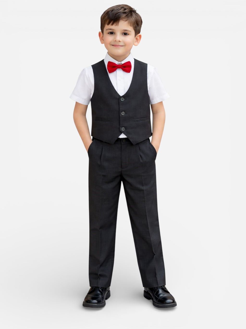 Black Waistcoat, Shirt, Trousers & Red Bow Tie Set (3 Years–8 Years)