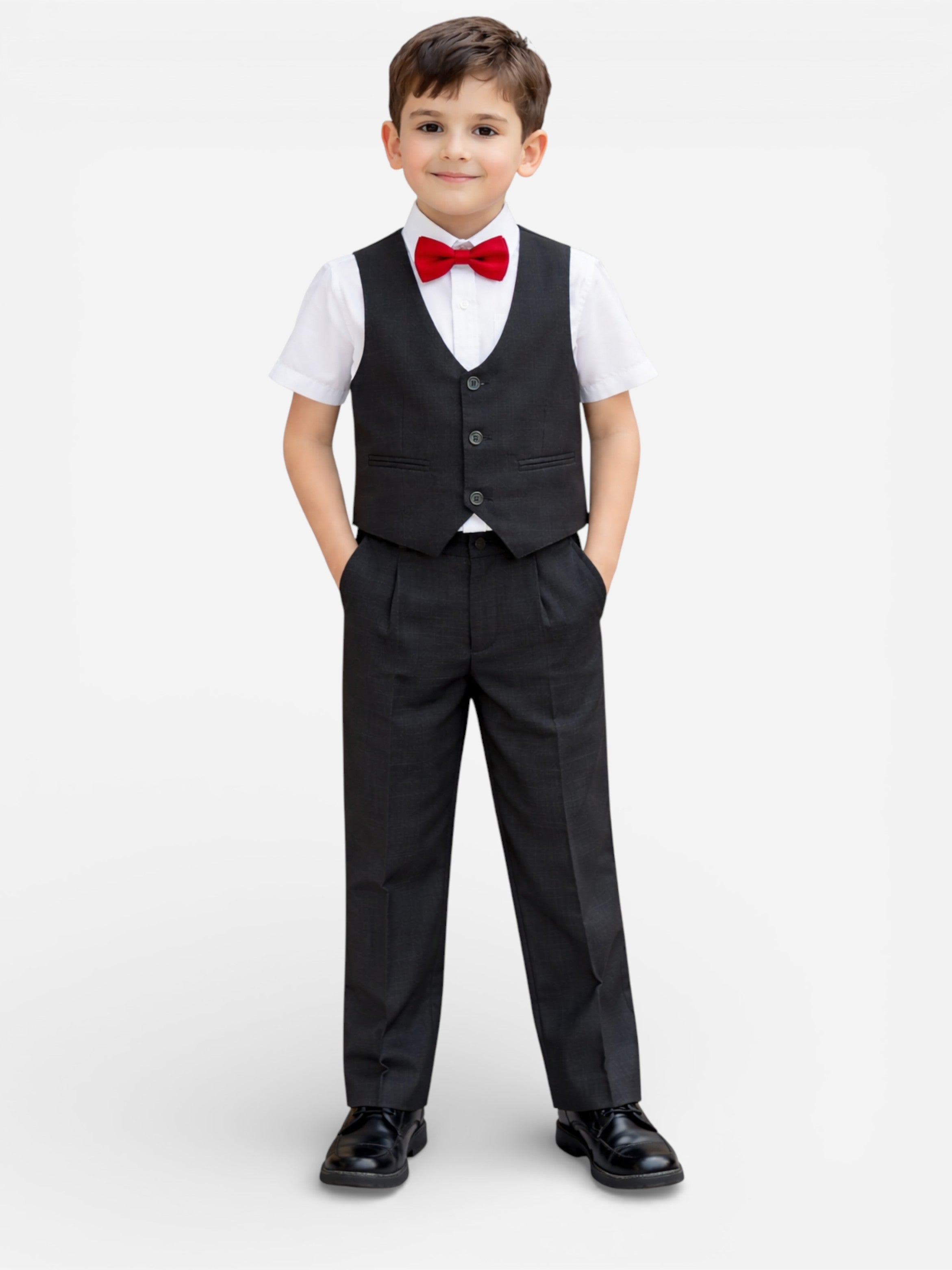 Black Waistcoat, Shirt, Trousers & Red Bow Tie Set (3 Years–8 Years)