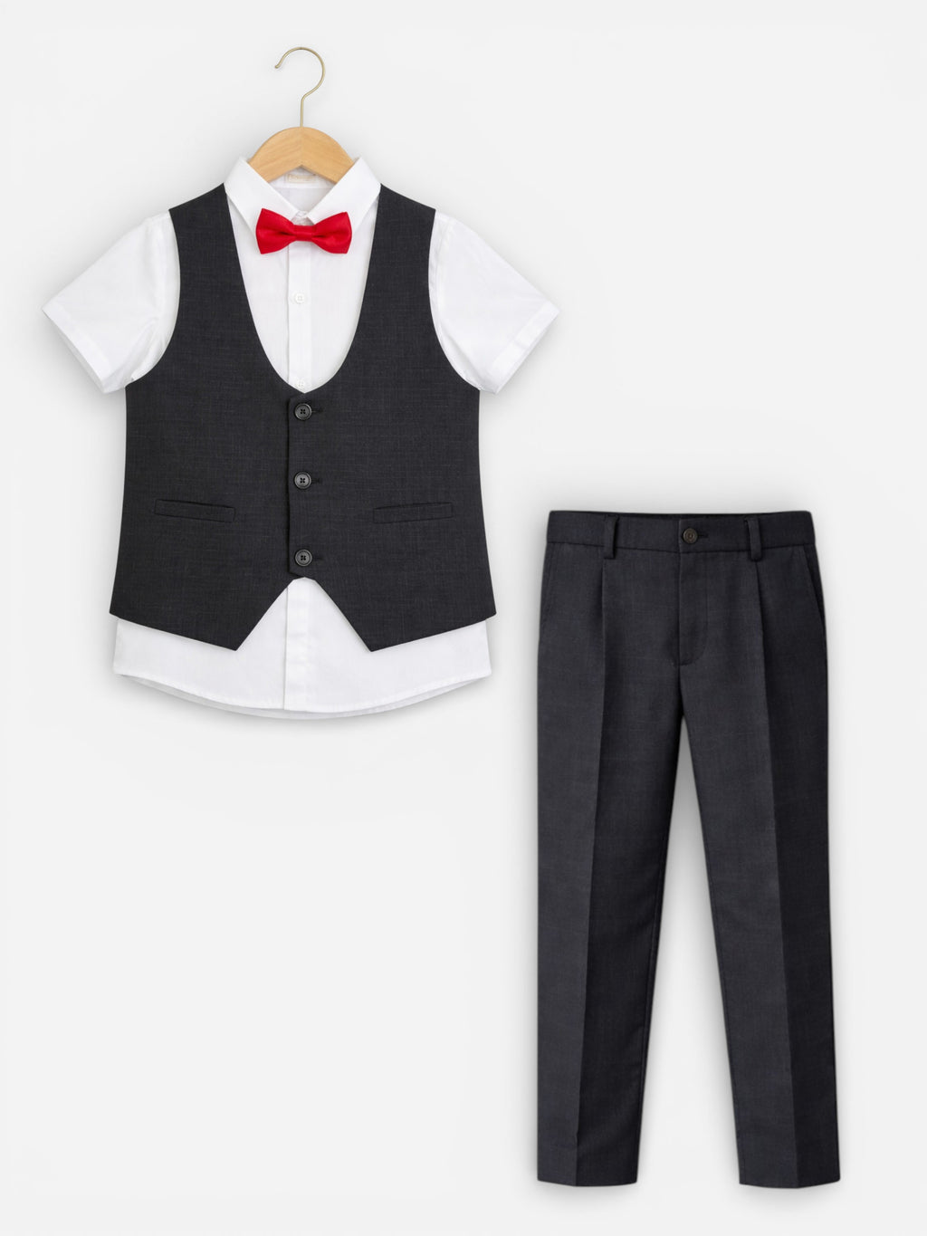Black Waistcoat, Shirt, Trousers & Red Bow Tie Set (3 Years–8 Years)