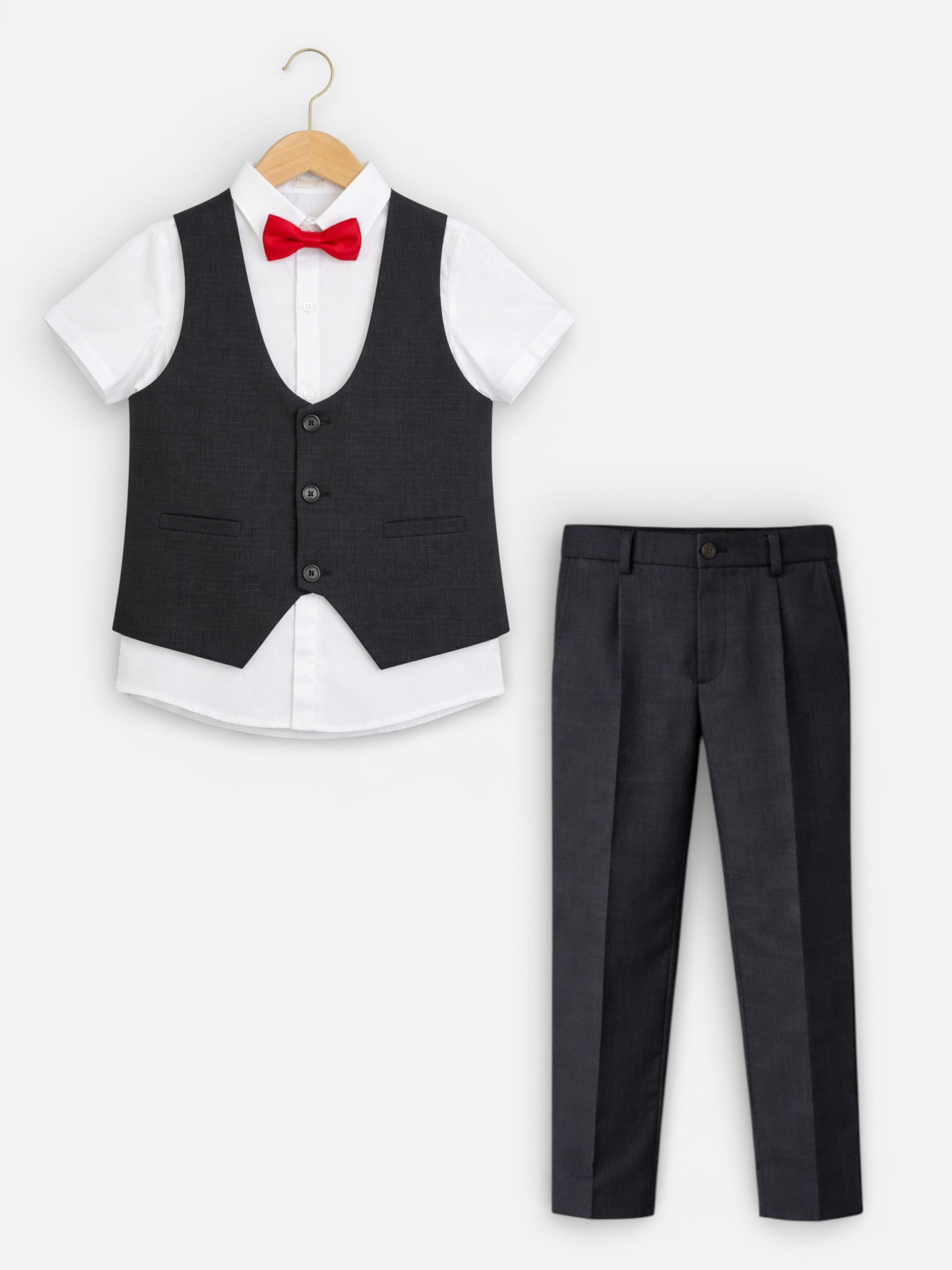 Black Waistcoat, Shirt, Trousers & Red Bow Tie Set (3 Years–8 Years)