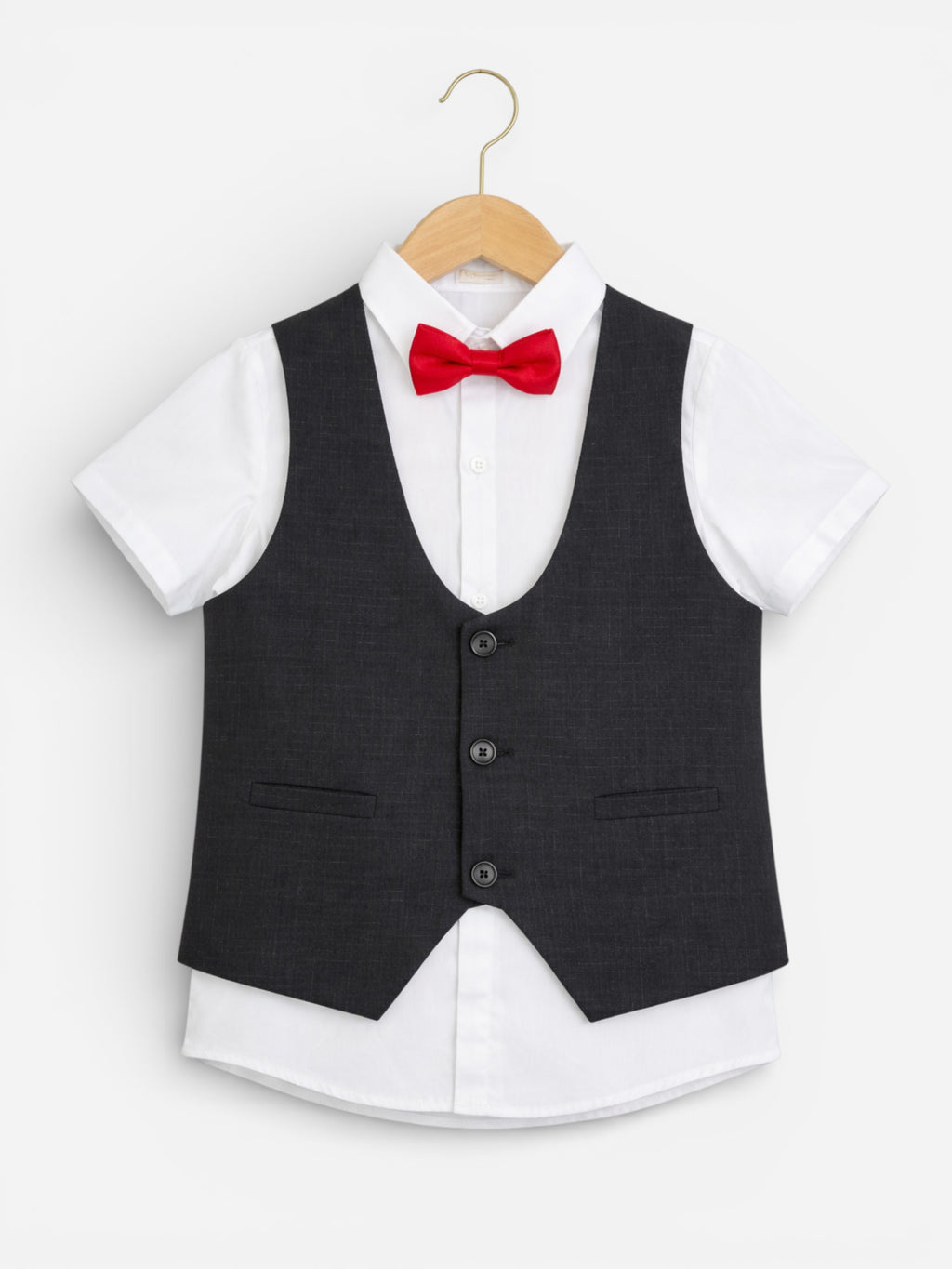Black Waistcoat, Shirt, Trousers & Red Bow Tie Set (3 Years–8 Years)