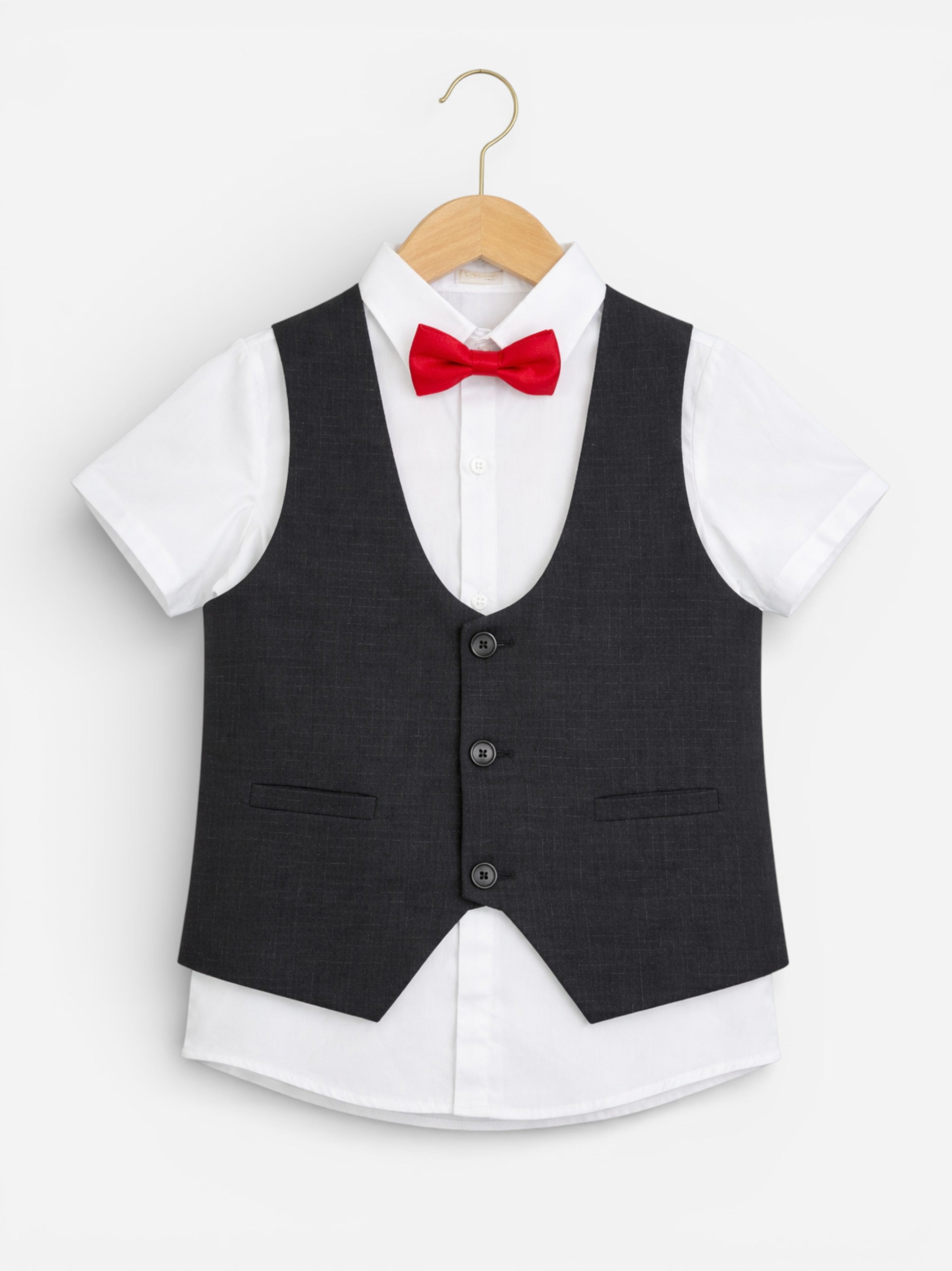 Black Waistcoat, Shirt, Trousers & Red Bow Tie Set (3 Years–8 Years)