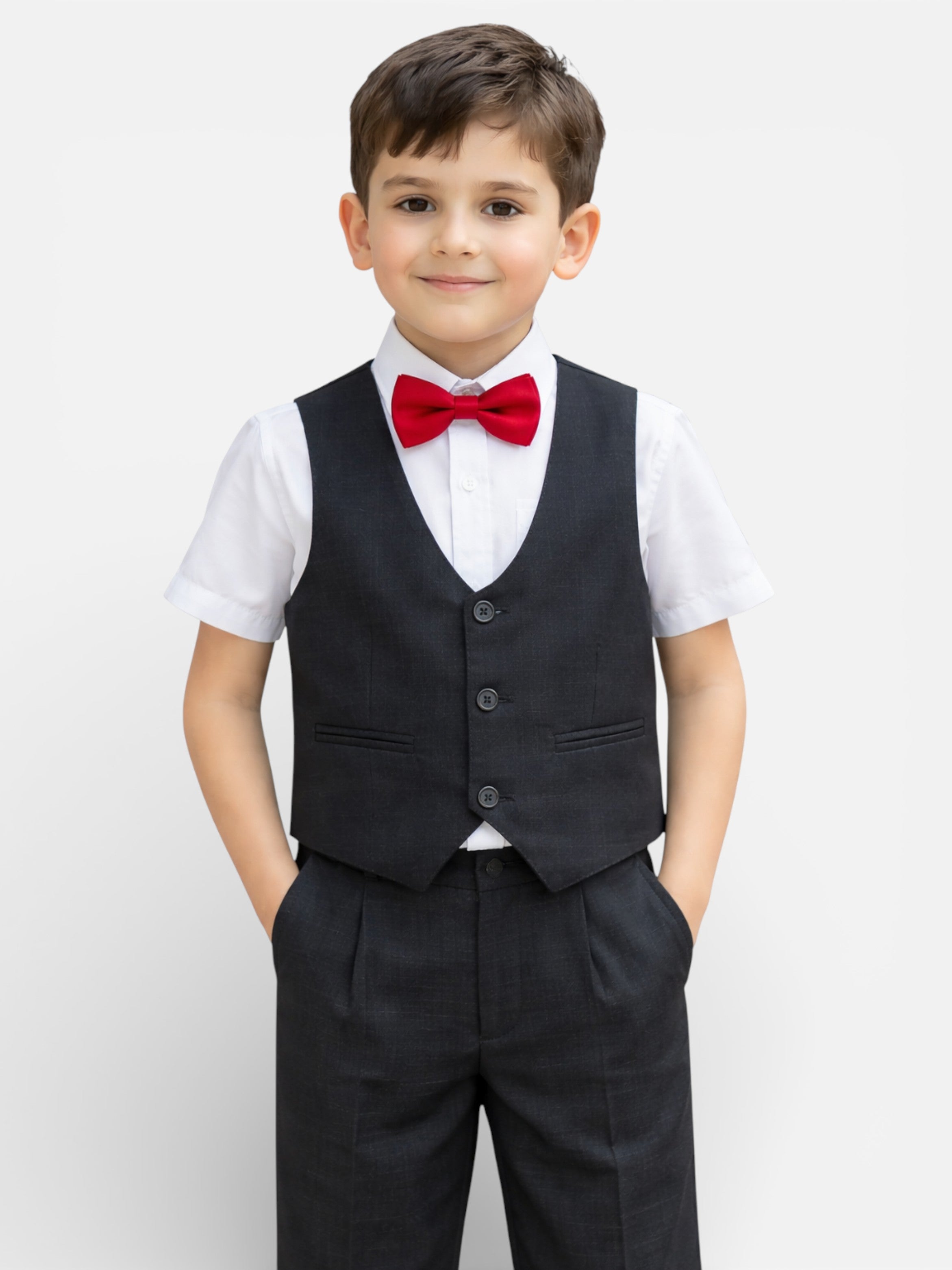 Black Waistcoat, Shirt, Trousers & Red Bow Tie Set (3 Years–8 Years)
