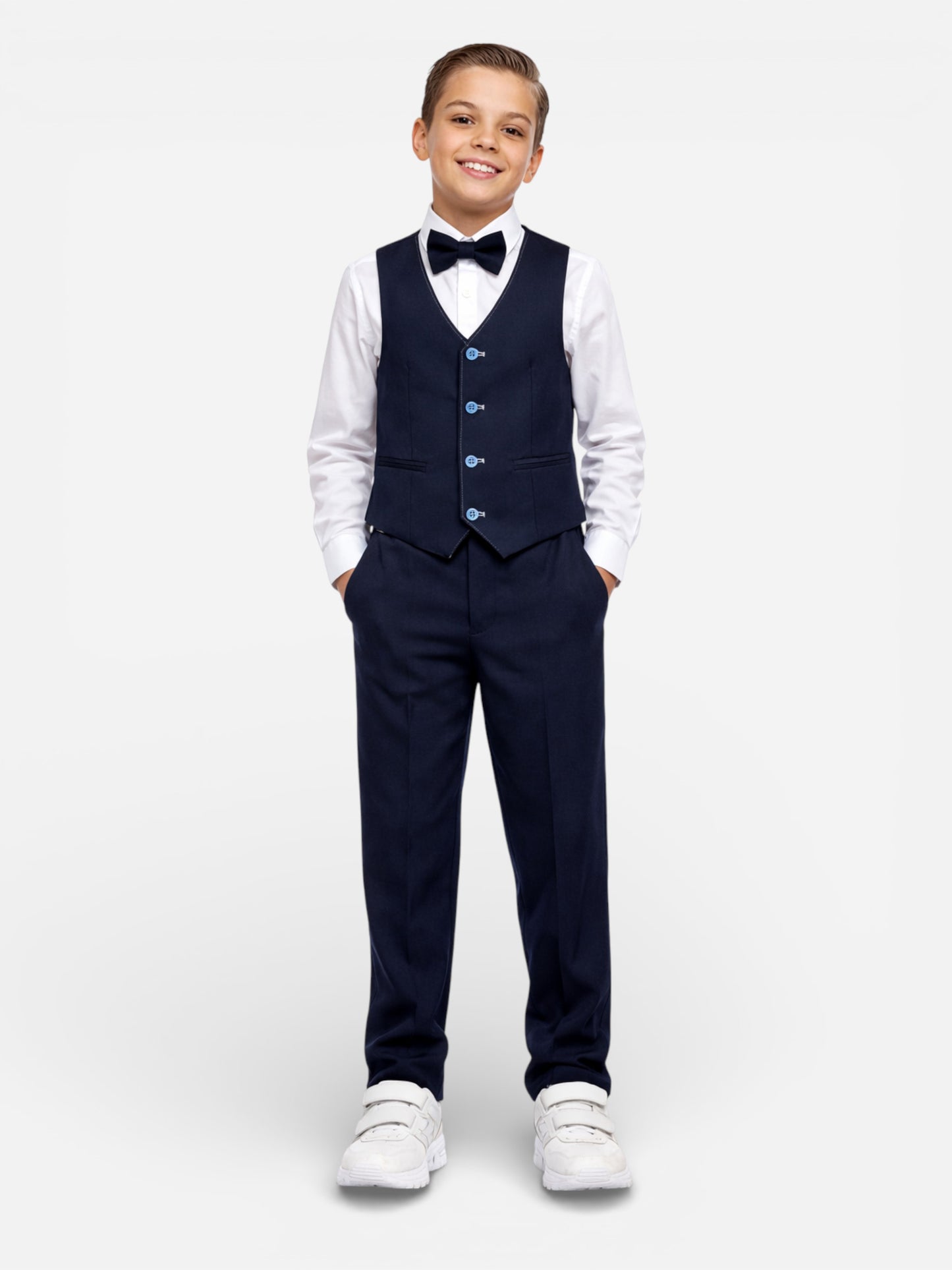 Boys 4 Pc Set Navy Waistcoat, Shirt, Trousers & Bow Tie Set (3 Years–8 Years)