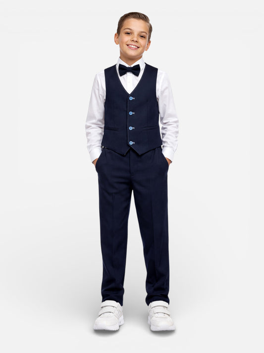 Boys 4 Pc Set Navy Waistcoat, Shirt, Trousers & Bow Tie Set (3 Years–8 Years)