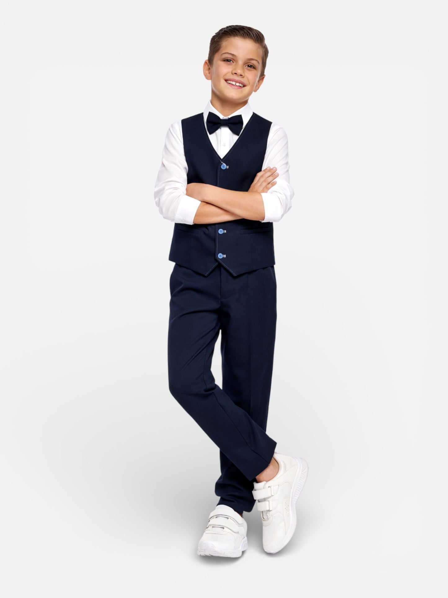 Boys 4 Pc Set Navy Waistcoat, Shirt, Trousers & Bow Tie Set (3 Years–8 Years)