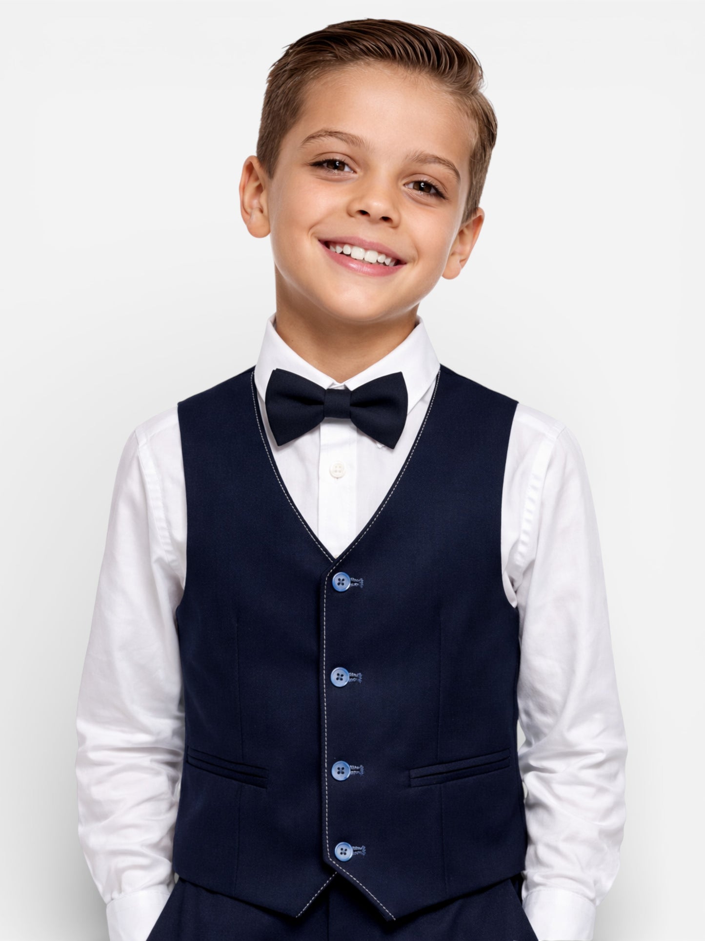 Boys 4 Pc Set Navy Waistcoat, Shirt, Trousers & Bow Tie Set (3 Years–8 Years)