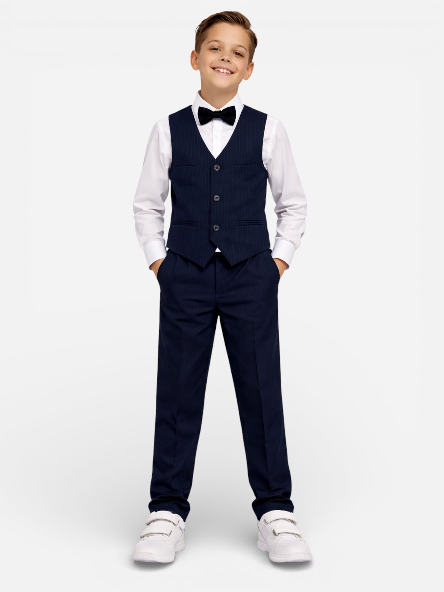 Boys 4 Pc Set Blue Waistcoat, Shirt, Trousers & Bow Tie Set (3 Years–8 Years)