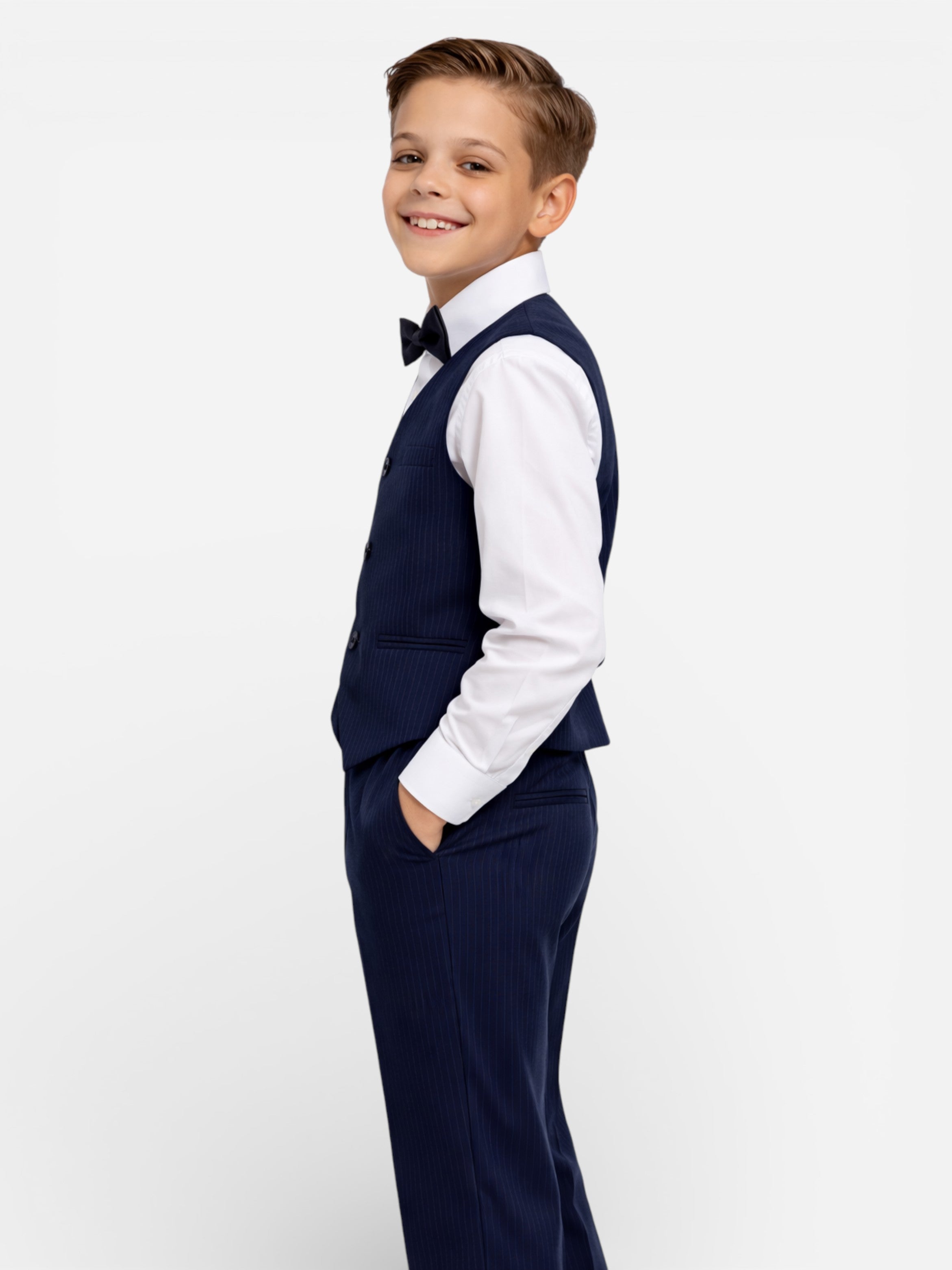 Boys 4 Pc Set Blue Waistcoat, Shirt, Trousers & Bow Tie Set (3 Years–8 Years)