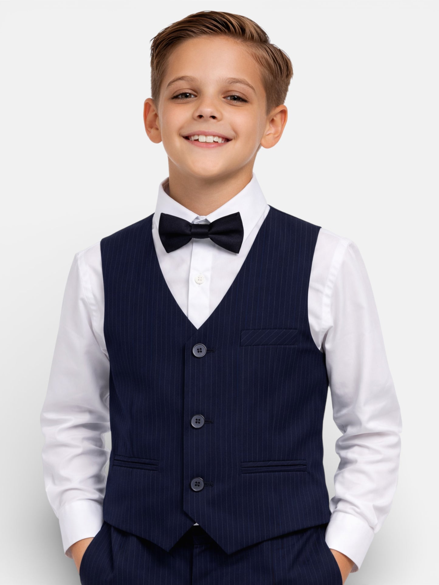 Boys 4 Pc Set Blue Waistcoat, Shirt, Trousers & Bow Tie Set (3 Years–8 Years)