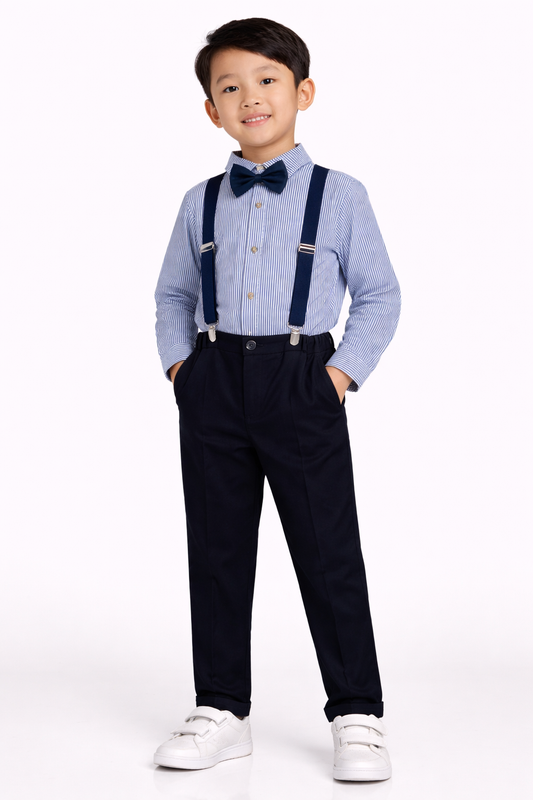 Boys 4 Pc set Formal Shirt, Navy Trousers, Suspenders & Bow Tie Set (3 Months–9 Years)