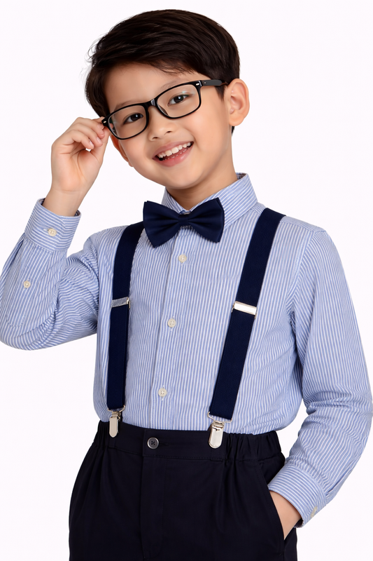 Boys 4 Pc Set Formal Shirt, Navy Trousers, Suspenders & Bow Tie Set (3 Months–9 Years)