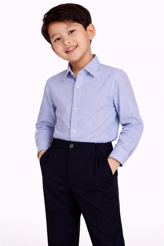 Boys 4 Pc Set Formal Shirt, Navy Trousers, Suspenders & Bow Tie Set (3 Months–9 Years)
