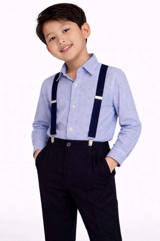 Boys 4 Pc set Formal Shirt, Navy Trousers, Suspenders & Bow Tie Set (3 Months–9 Years)