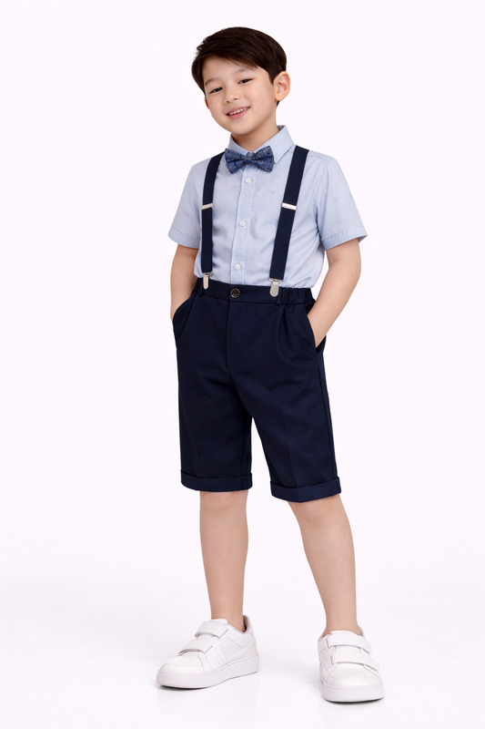 Boys 4 Pc Set Formal Shirt, Navy Shorts, Suspenders & Bow Tie Set