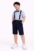 Boys 4 Pc Set Formal Shirt, Navy Shorts, Suspenders & Bow Tie Set