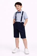 Boys 4 Pc Set Formal Shirt, Navy Shorts, Suspenders & Bow Tie Set