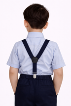 Boys 4 Pc Set Formal Shirt, Navy Shorts, Suspenders & Bow Tie Set