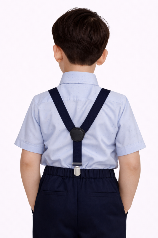 Boys 4 Pc Set Formal Shirt, Navy Shorts, Suspenders & Bow Tie Set