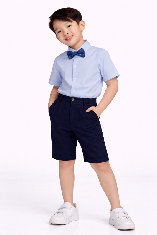 Boys 4 Pc Set Formal Shirt, Navy Shorts, Suspenders & Bow Tie Set