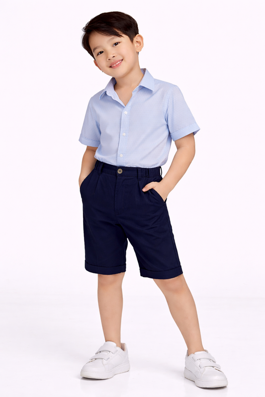 Boys 4 Pc Set Formal Shirt, Navy Shorts, Suspenders & Bow Tie Set