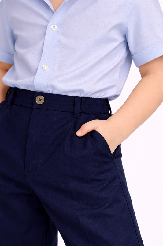 Boys 4 Pc Set Formal Shirt, Navy Shorts, Suspenders & Bow Tie Set