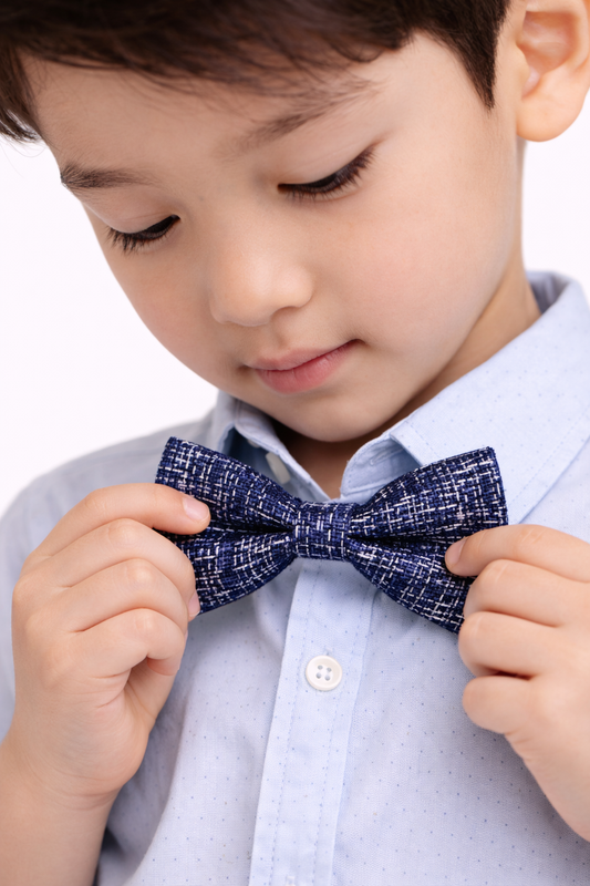Boys 4 Pc Set Formal Shirt, Navy Shorts, Suspenders & Bow Tie Set
