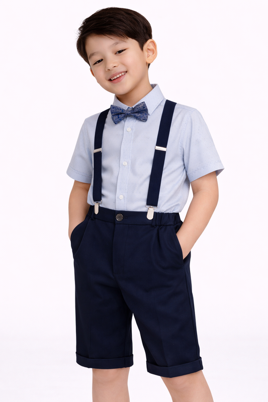 Boys 4 Pc Set Formal Shirt, Navy Shorts, Suspenders & Bow Tie Set