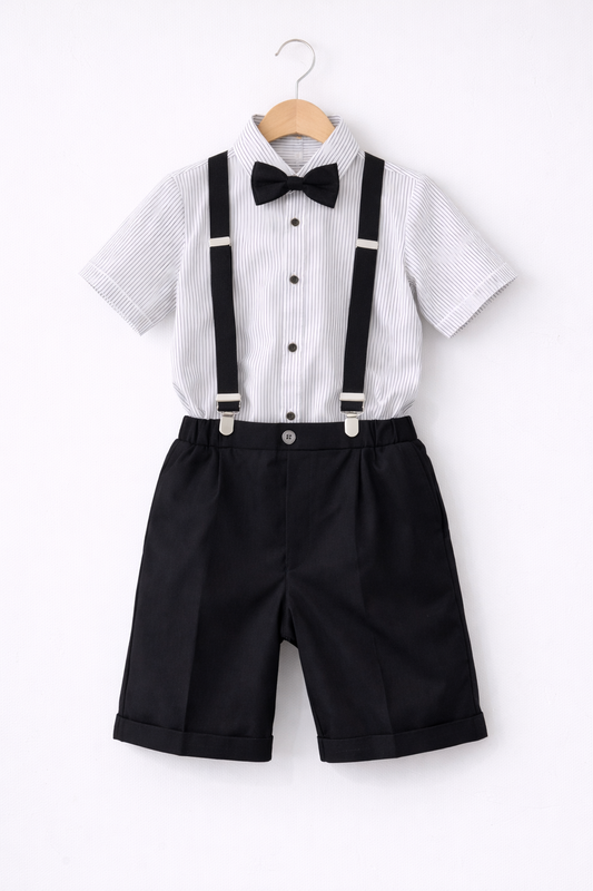 Boys 4 Pc Set Formal Shirt, Shorts, Suspenders & Bow Tie Set