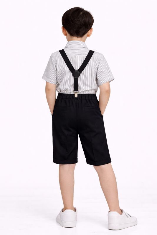 Boys 4 Pc Set Formal Shirt, Shorts, Suspenders & Bow Tie Set