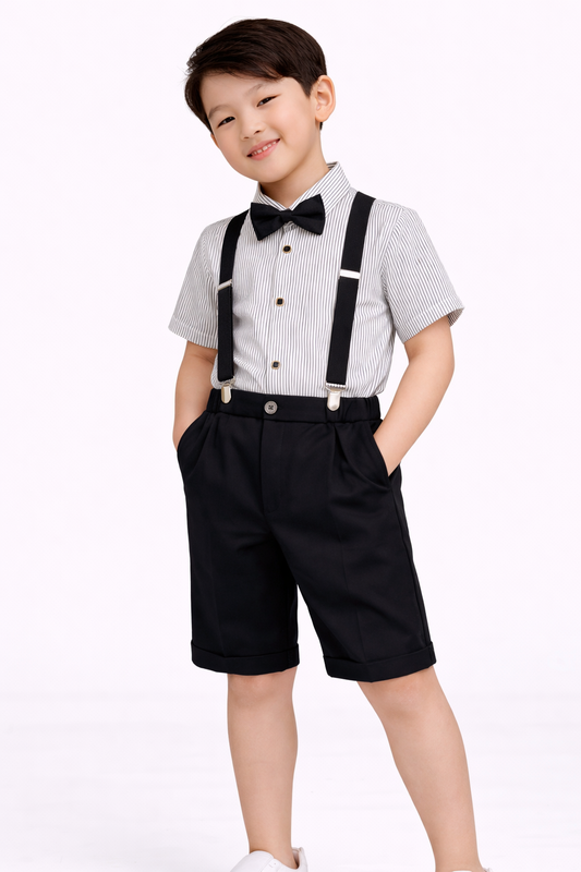 Boys 4 Pc Set Formal Shirt, Shorts, Suspenders & Bow Tie Set