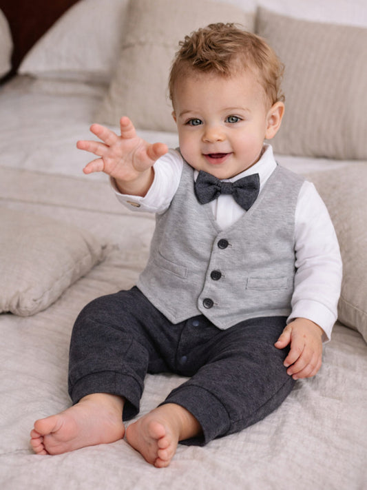 Infant Boys’ Waistcoat, Shirt & Bow Tie Mock Romper Set