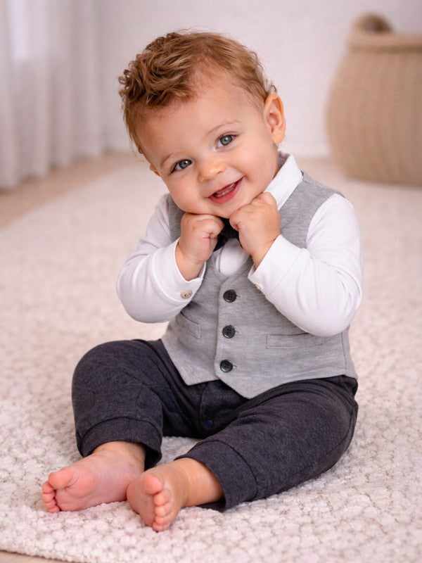 Infant Boys’ Waistcoat, Shirt & Bow Tie Mock Romper Set