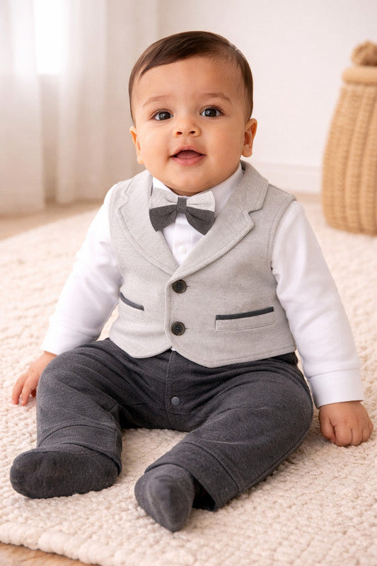 Infant Boys’ Blazer, Shirt & Bow Tie Mock Romper Set