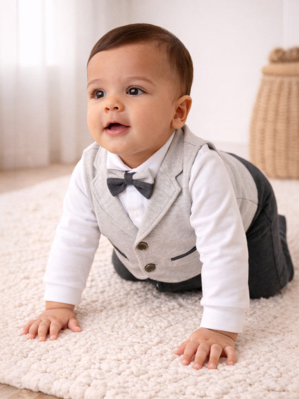 Infant Boys’ Blazer, Shirt & Bow Tie Mock Romper Set