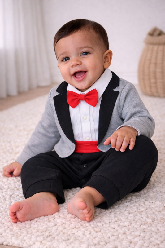 Infant Boys’ Tuxedo, Shirt & Bow Tie Mock Romper 2 Pc Set