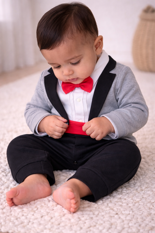 Infant Boys’ Tuxedo, Shirt & Bow Tie Mock Romper 2 Pc Set