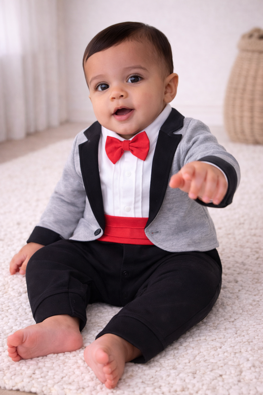 Infant Boys’ Tuxedo, Shirt & Bow Tie Mock Romper 2 Pc Set