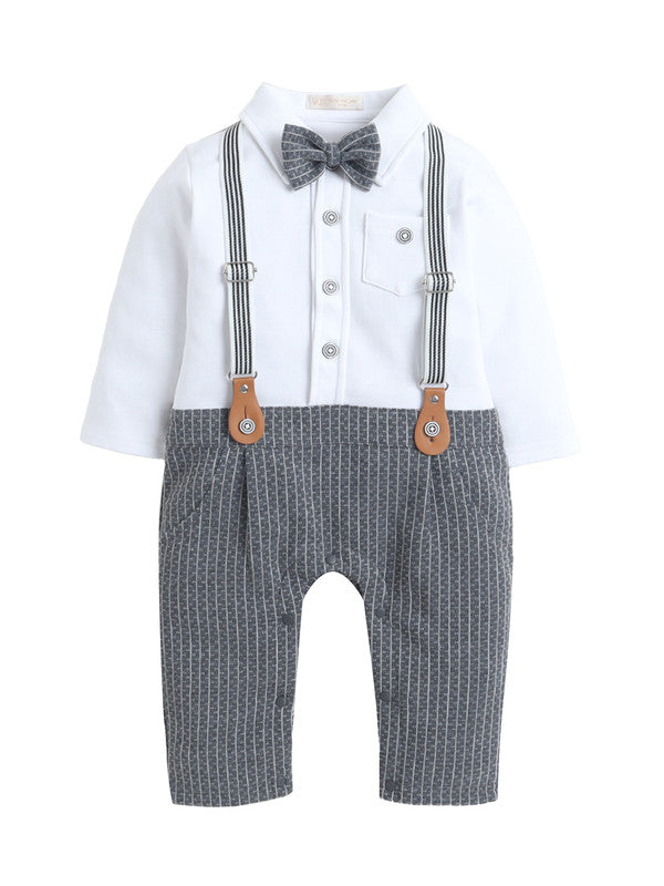 Infant Boys’ Shirt, Bow Tie & Suspenders Mock Romper 3 Pc Set